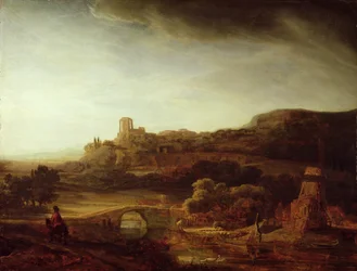 Landschaft mit Fluss und Windmühle